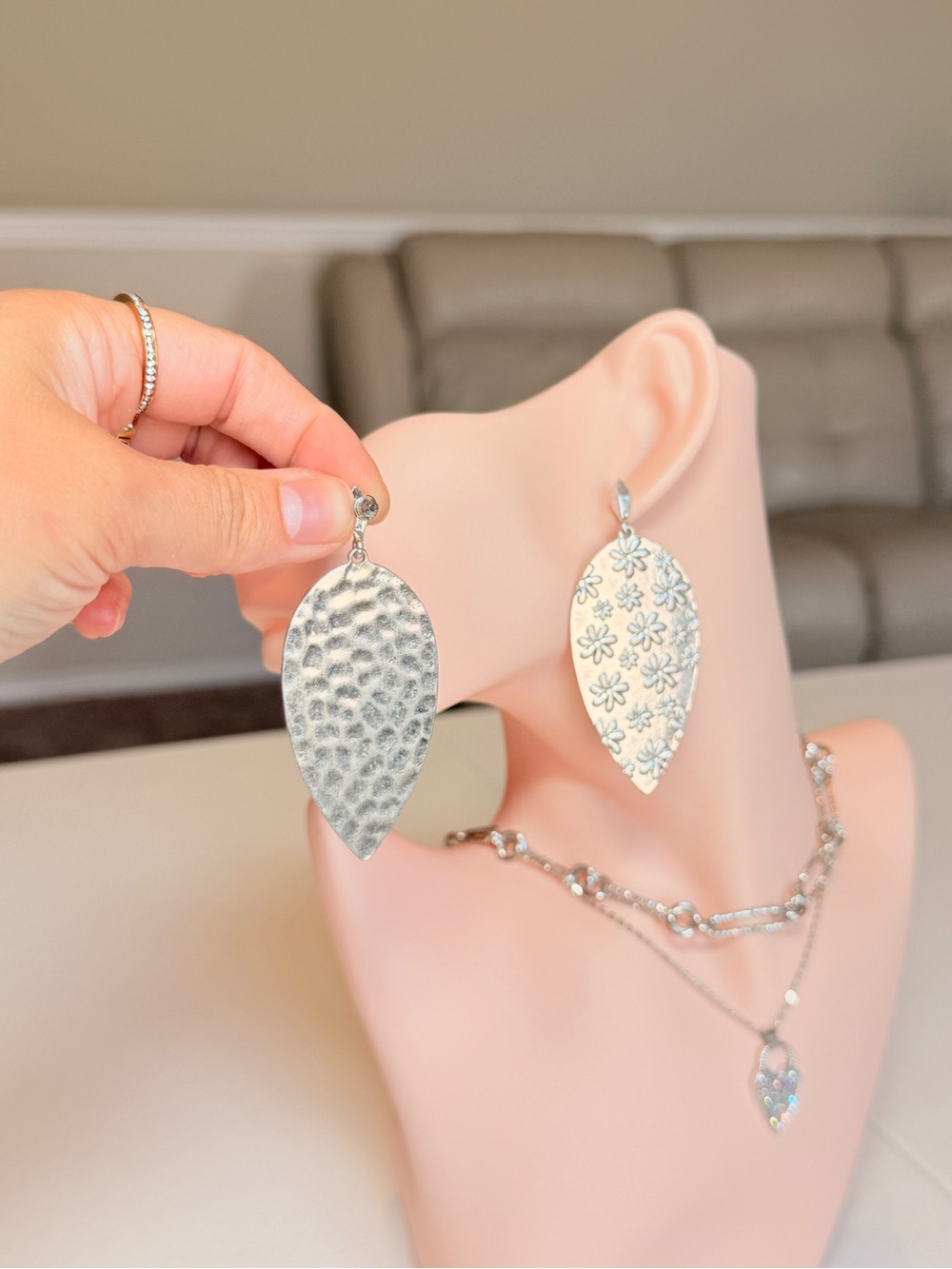Silver Floral Teardrop Dangle Earrings - Picture 6 of 12